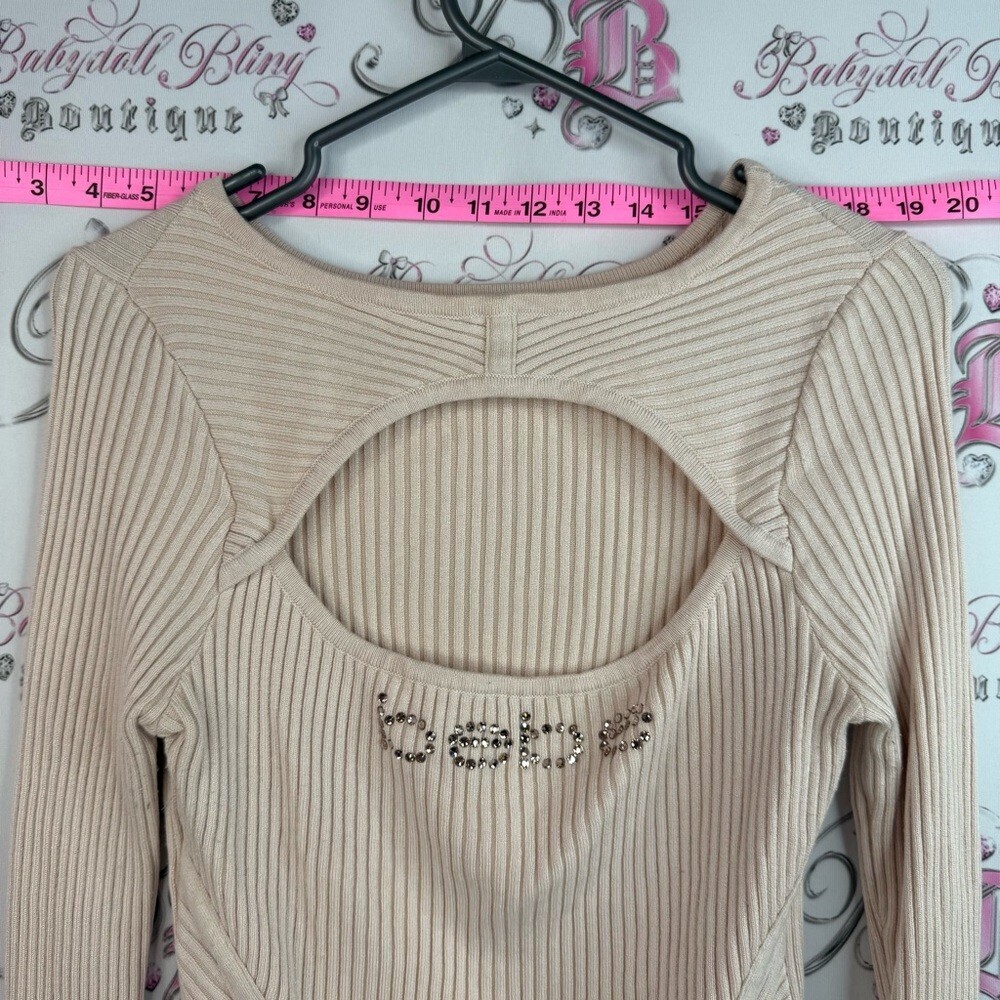 bebe long sleeve Swarovski Beige Ribbed Open cut out front Long Sleeve Top - Picture 4 of 13